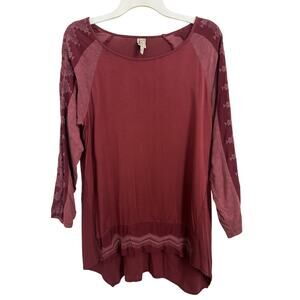 XCVI Abstract Burgundy Sheer Embroidered Tunic Size XL Asymmetrical Aztec Boho